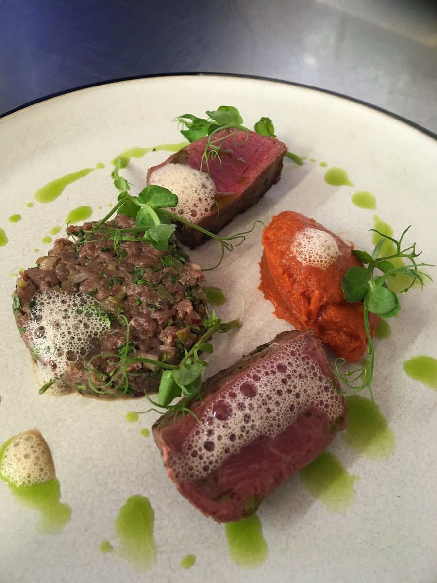 Venison from a farmers field in Calver. Tartar and a Seared  Loin Chorizo jam , Coffee Foam.
