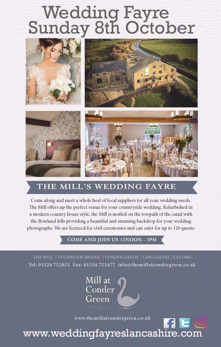 Bowland Suite Wedding Fayre this Sunday 12-3pm at The Mill.
Our beautiful rural setting is only 10 minutes from the centre of Lancaster