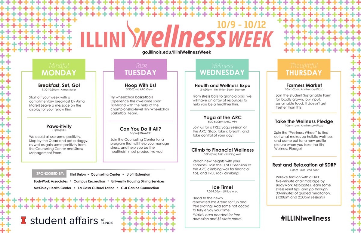 UofIllinois's tweet photo. Join Student Affairs and campus units as they host the 4th Illini Wellness Week, Oct. 9-13. Visit: https://t.co/uJSF9a7NPb.
#ILLINIwellness https://t.co/NwVpeF2DQ0