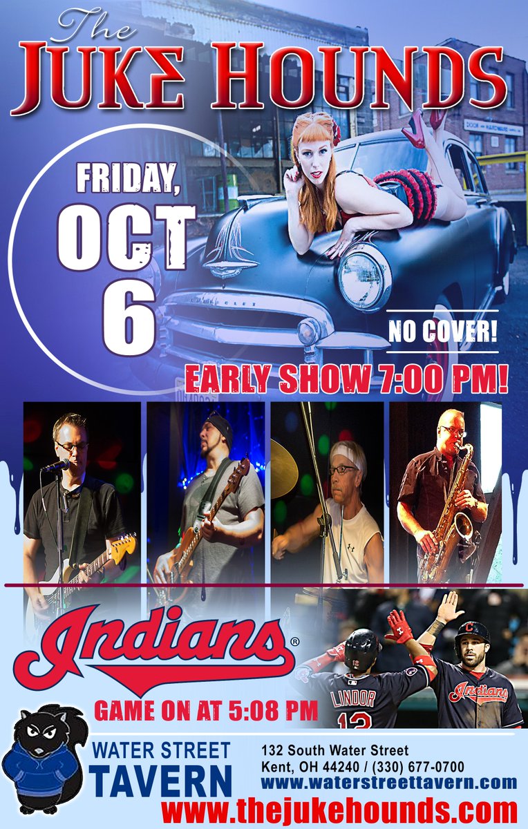TheJukeHounds's tweet photo. TONIGHT! 10/6 @TheJukeHounds play a FREE show at @WaterStTavern / Indians game on at 5 PM - Music starts at 7 PM https://t.co/KbPW7QFvZP
