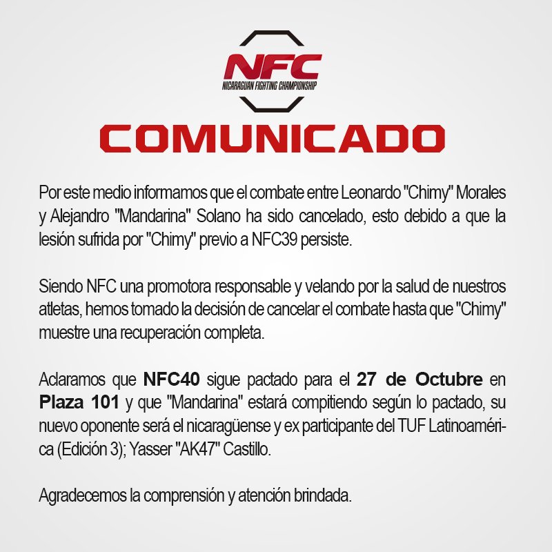 NFCMMAni's tweet photo. Oficialmente "Chimy" Morales queda fuera de #NFC40 debido a la persistencia de su lesión. Yasser "AK47" Castillo toma su lugar. https://t.co/q2q986Y4LI