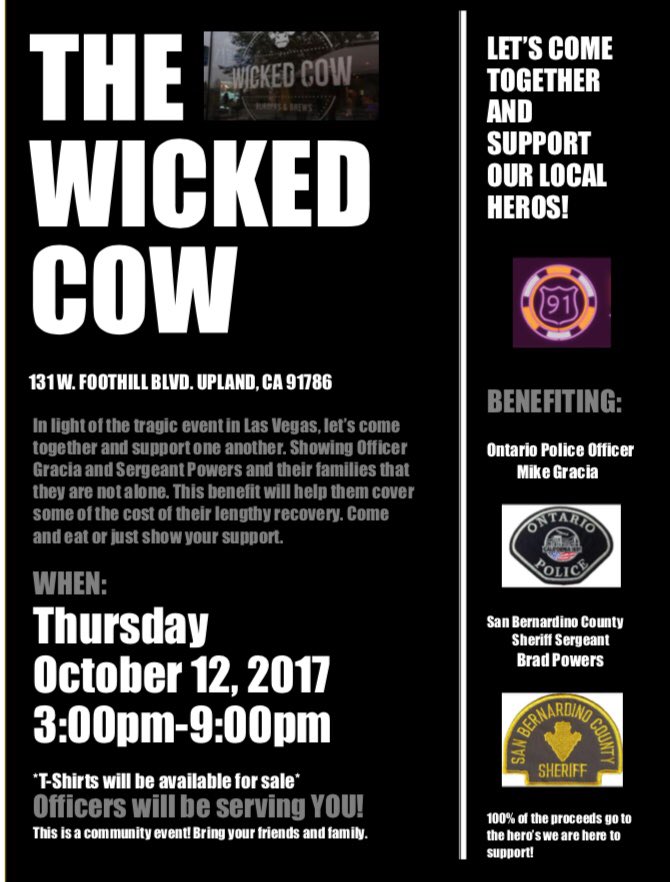sbcountysheriff's tweet photo. Come out and support #SBCSD Sgt Brad Powers @OntarioPD Officer Mike Gracia at The Wicked Cow in Upland on October 12th https://t.co/HlWTYQpl1Z