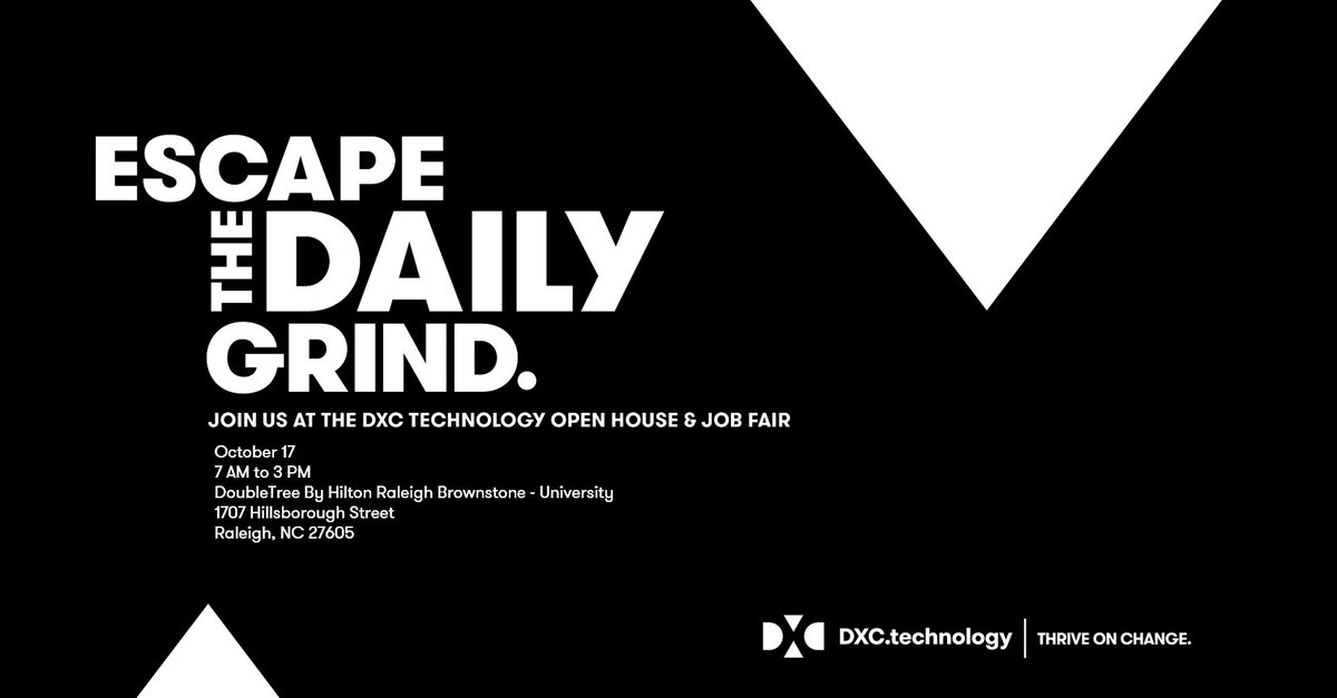 JessicaMHaddad's tweet photo. Join us in Raleigh, NC for a DXC Open House on October 17th. We will be conducting on the spot interviews and offers! #HelloDXC #Hiring https://t.co/OGp8XgVFna