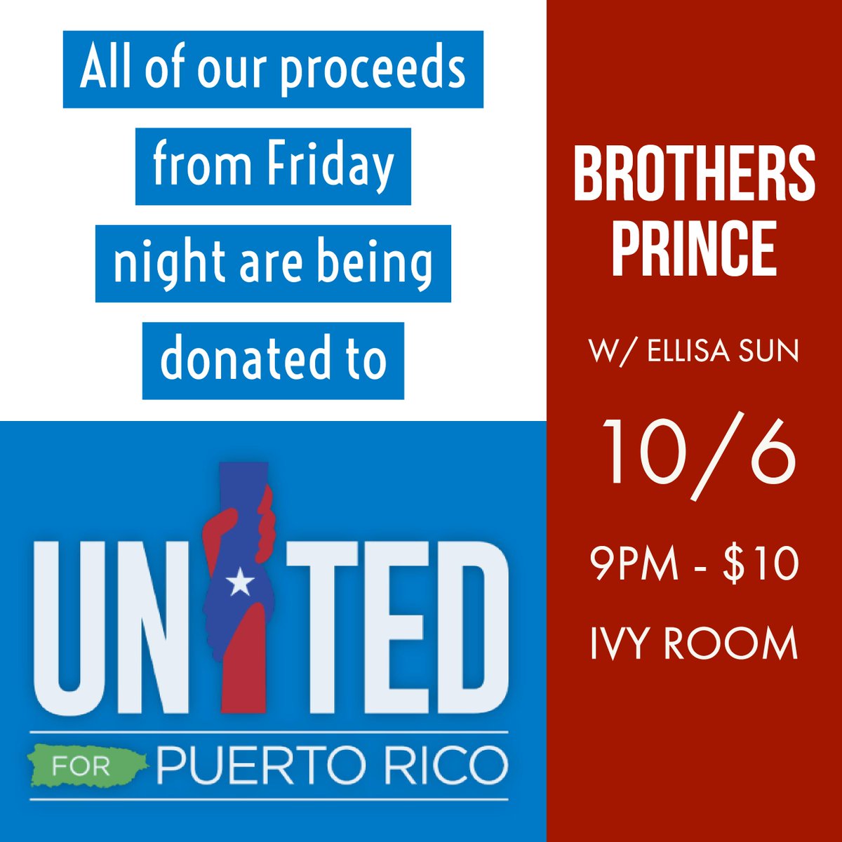 Tonight! We're at the <a href="/ivyroomalbany/">ivy room</a>, donating all proceeds to United for Puerto Rico. Come get your dance on, and help those in need!