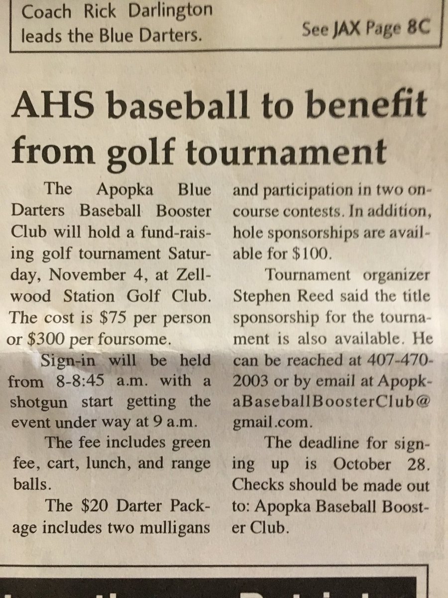 Thanks to <a href="/ApopkaJohn/">John Peery</a> and the Apopka chief for helping us spread the word on the golf tournament! We tee off 4 weeks from tomorrow!