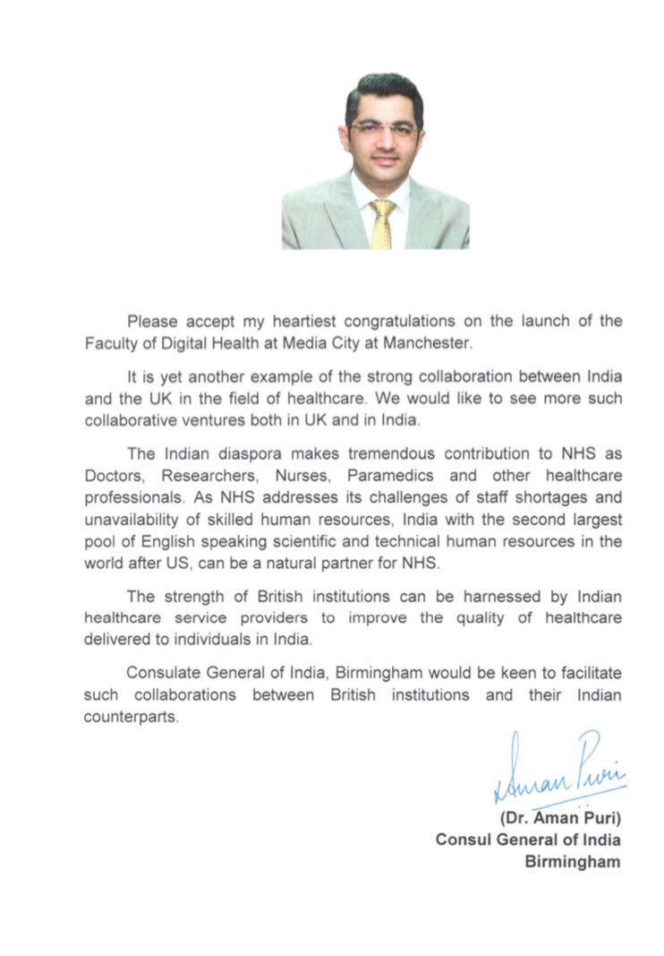 Fdigitalhealth's tweet photo. Honoured to have the support of the Consul General of India for our Faculty &amp; to further develop India - UK Collaboration @AccessIndiaUK 💻📱🌎 https://t.co/dMg9RiDYW1