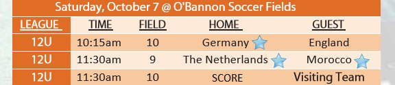 score4children's tweet photo. Horario de juegos para el dia Sabado 7 de Octubre para 6U, 8U, 10U y 12U! Schedule for tomorrow's games for 6U, 8U, 10U and 12U. https://t.co/djgSa5kaIZ