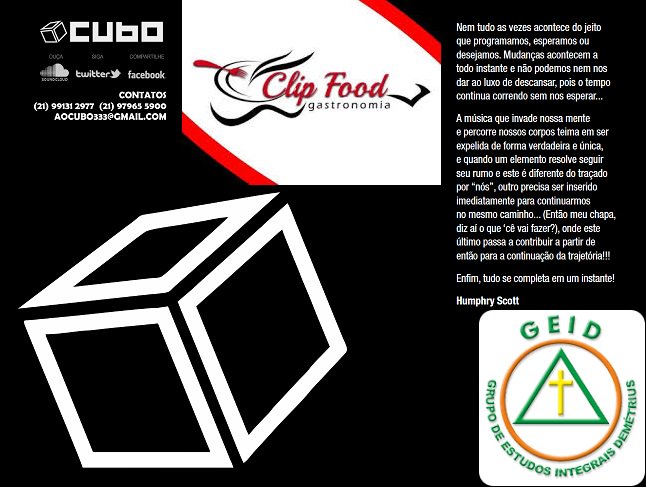 É HOJE!06/10/17 às 20:30hs no Clip Food. “Projetto CUBO Alimenta” 1Kg ou 2Kg. Tudo arrecadado irá para o GEID. #ajuda #arte #bandacubo #cubo