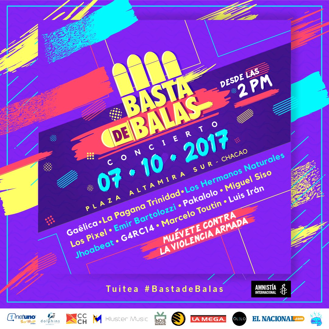 Este sábado #7Oct desde las 2:00 p.m., Amnistía Internacional Venezuela invita al concierto Basta de Balas ¿Dónde? En Plaza Altamira Sur.