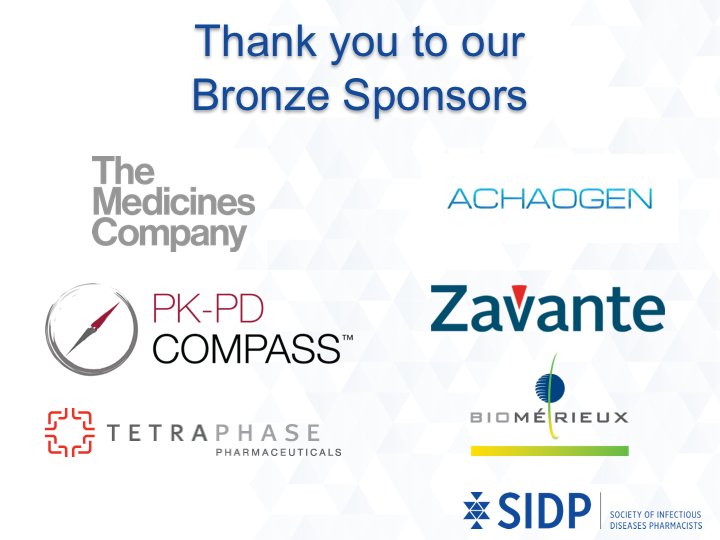 SIDPharm's tweet photo. Thanks again to our Bronze sponsors for #SIDP2017 at #IDWeek2017! What a great week it's been. https://t.co/kxjQGaPOUj
