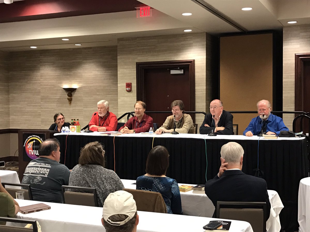 HAL5_Society's tweet photo. Final panel for #TVIW2017, SciFi Authors. Greg Benford, Geoff Landis, Allen Steele, James Cambias, and Larry Niven.  #TrueVisionaries https://t.co/yneVkmWYO4