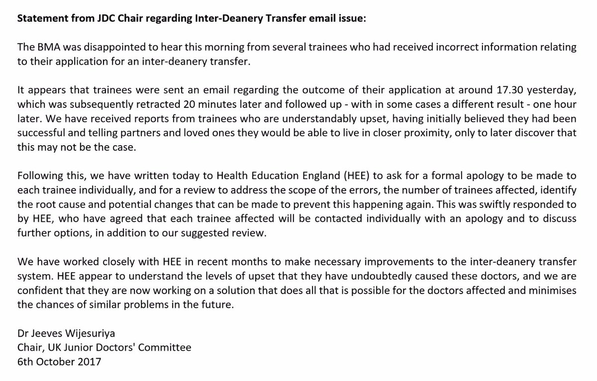 AskJeevesWij's tweet image. Following trainee reports of issues with the Interdeanery Transfer system, we have been working with HEE to resolve this. Statement below.