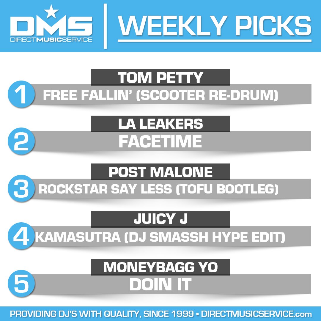 djaudio1's tweet photo. PICKS OF THE WEEK for @directmusic @tompetty @DJSCOOTERCC @LALeakers @PostMalone @TofuMusik @therealjuicyj @iamcardib @DJSMASSH @MoneyBaggYo https://t.co/ktzreUOaSU