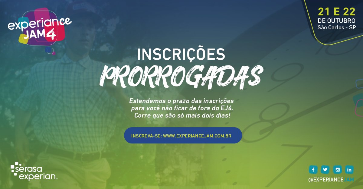 experianceJAM's tweet photo. Atenção, Jammers: Prorrogamos o prazo!
Inscrições até domingo no
https://t.co/T04eeO3bCx
#EJ4 #hackathonserasa https://t.co/jA0lZ7esvG