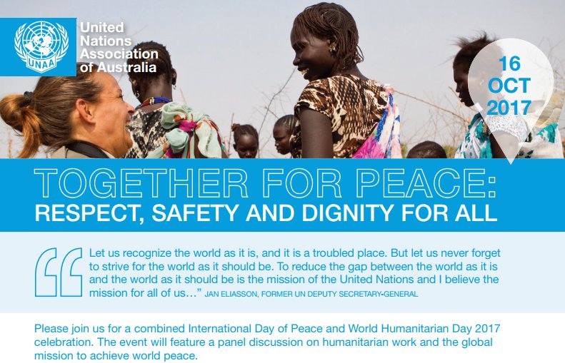 UNAA_National's tweet photo. Upcoming WA Event: Please join us for a combined #internationaldayofpeace and #WorldHumanitarianDay 2017 celebration
https://t.co/FgECCFuBc4 https://t.co/ynJ09M8wpd