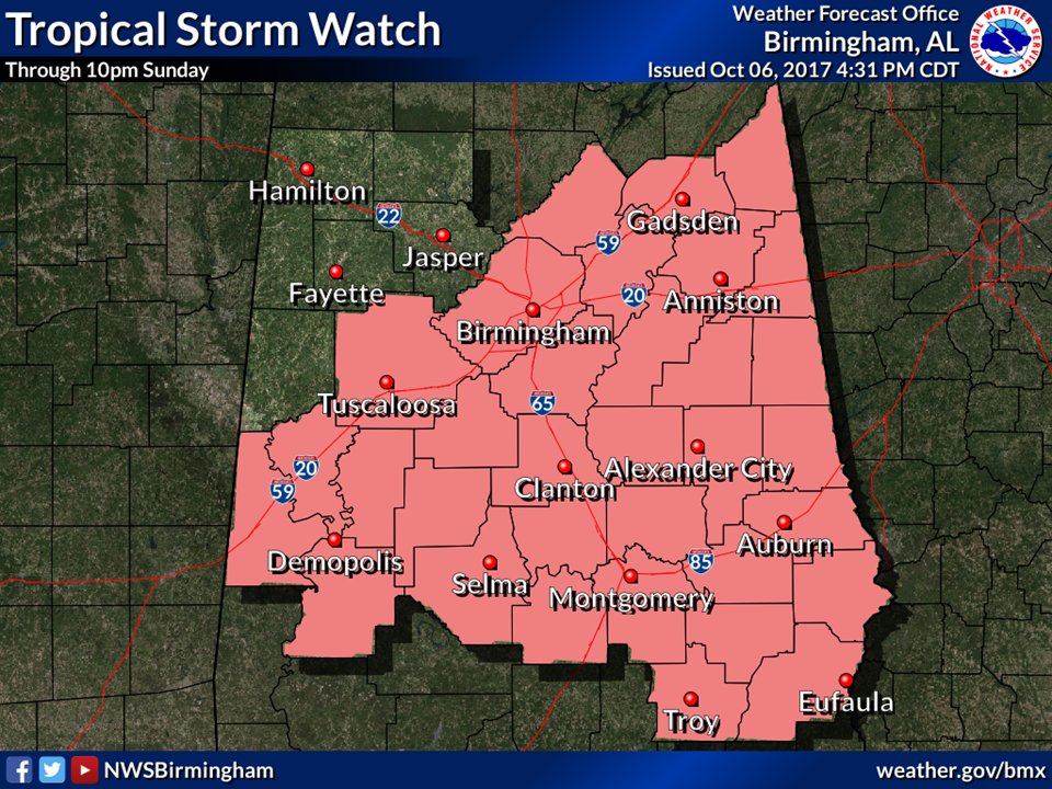 NWSBirmingham's tweet image. ⚠️TROPICAL STORM WATCH now in effect for much of Central Alabama thru 10 PM Sunday. #alwx