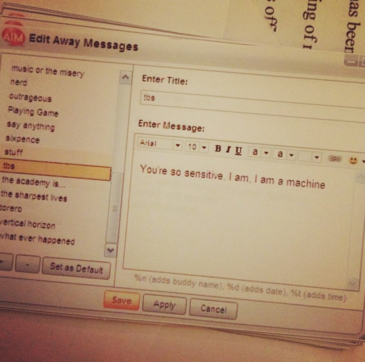_HannaHoward's tweet photo. Well at least I'll always have these away messages I inexplicably printed out at some point in my teen years https://t.co/FfdIh1g7JQ