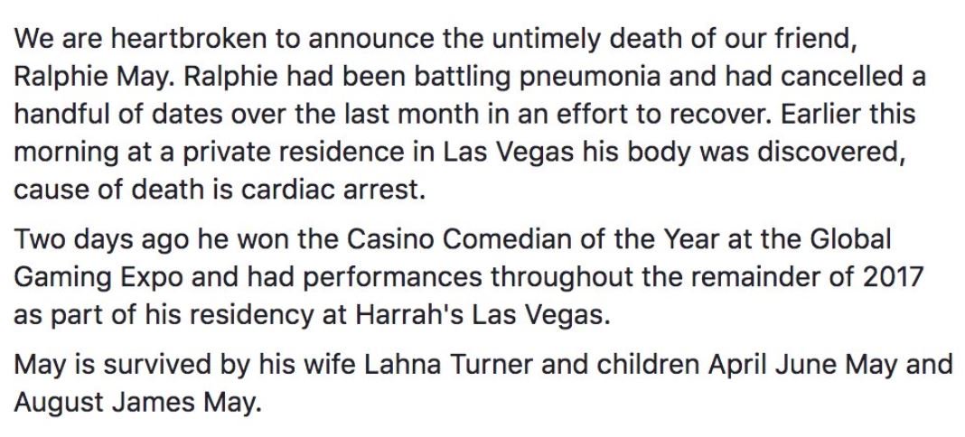 FOXNashville's tweet photo. Official statement of Ralphie May's death, determined as cardiac arrest: https://t.co/QUU60FxGsI https://t.co/y5qYf01Nof