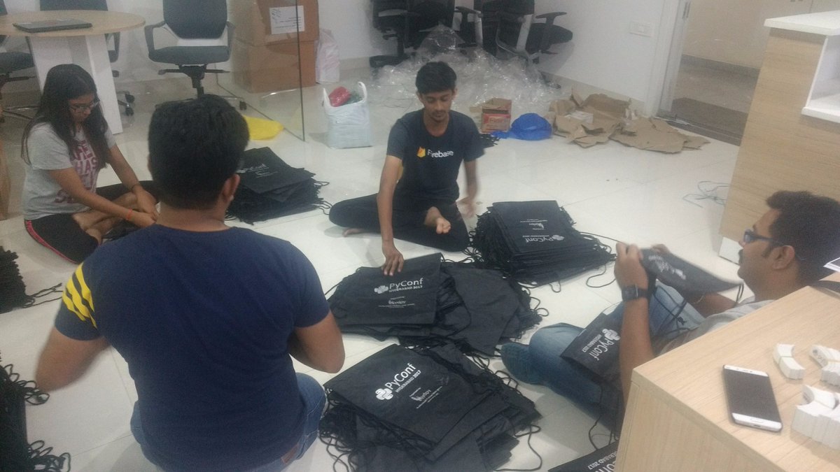 chirag200666's tweet photo. Goodies preparation for #PyConfHyd at @NebulaeSoftware. 
@hydPython @ManithaE @duttakapil @inovizz @kanchan_91 @ramanathanhari https://t.co/Ohkx4KBg0Q