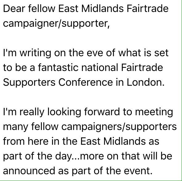 EastMidsFTNCC's tweet photo. Tonight I sent out my latest e-mail to campaigners across the #EastMidlands, ahead of tomorrow's @FairtradeUK Conference! #Fairtrade https://t.co/Jv8FhsJPjx