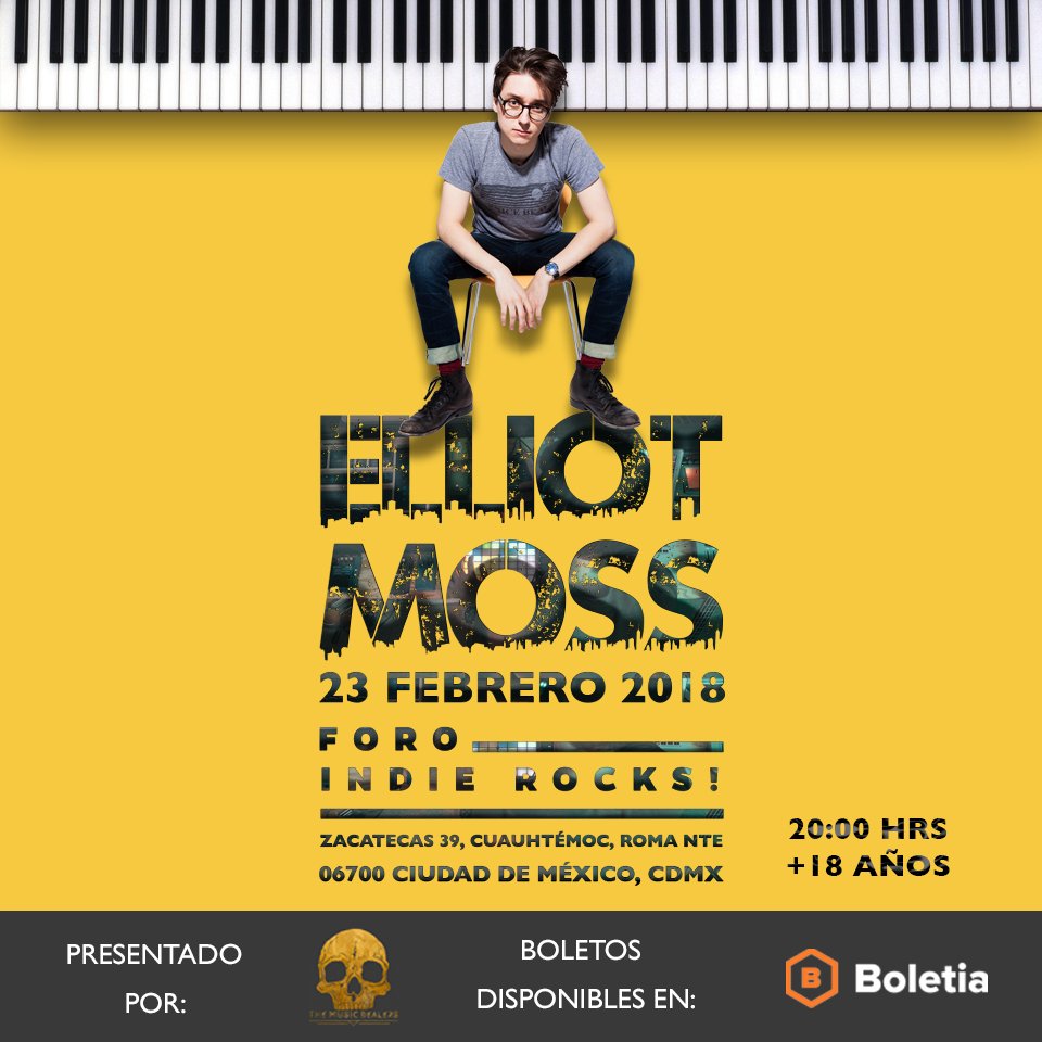 Nueva fecha para el concierto de <a href="/ElliotMossMusic/">Elliot Moss</a>! Debido al sismo nos vemos obligados a mover el show. Disculpen las molestias