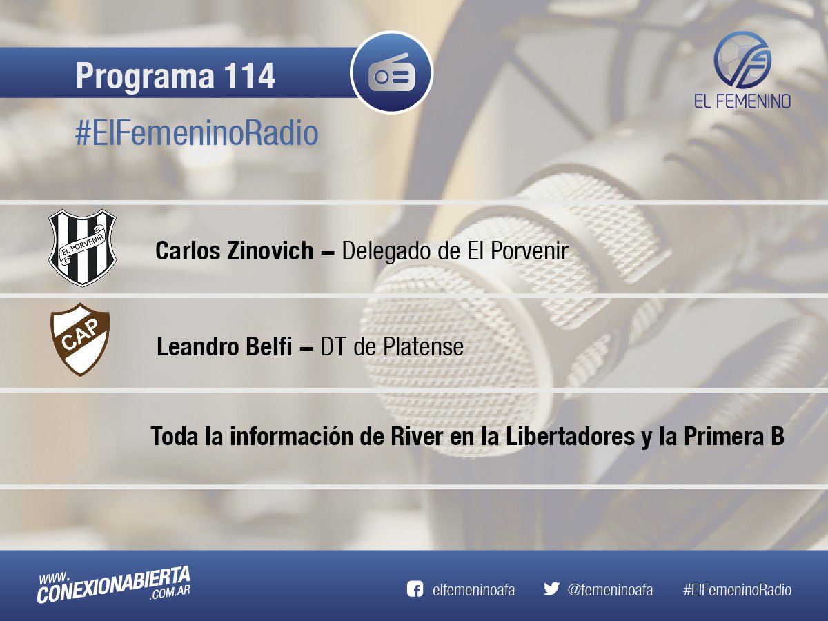 FemeninoAFA's tweet photo. #ElFemeninoRadio Hoy sale o sale el #Programa114 por @conexionabierta
Carlos Zinovich de @ClubElPorvenir y Leandro Belfi DT de @caplatense https://t.co/IvZFG6kqYo