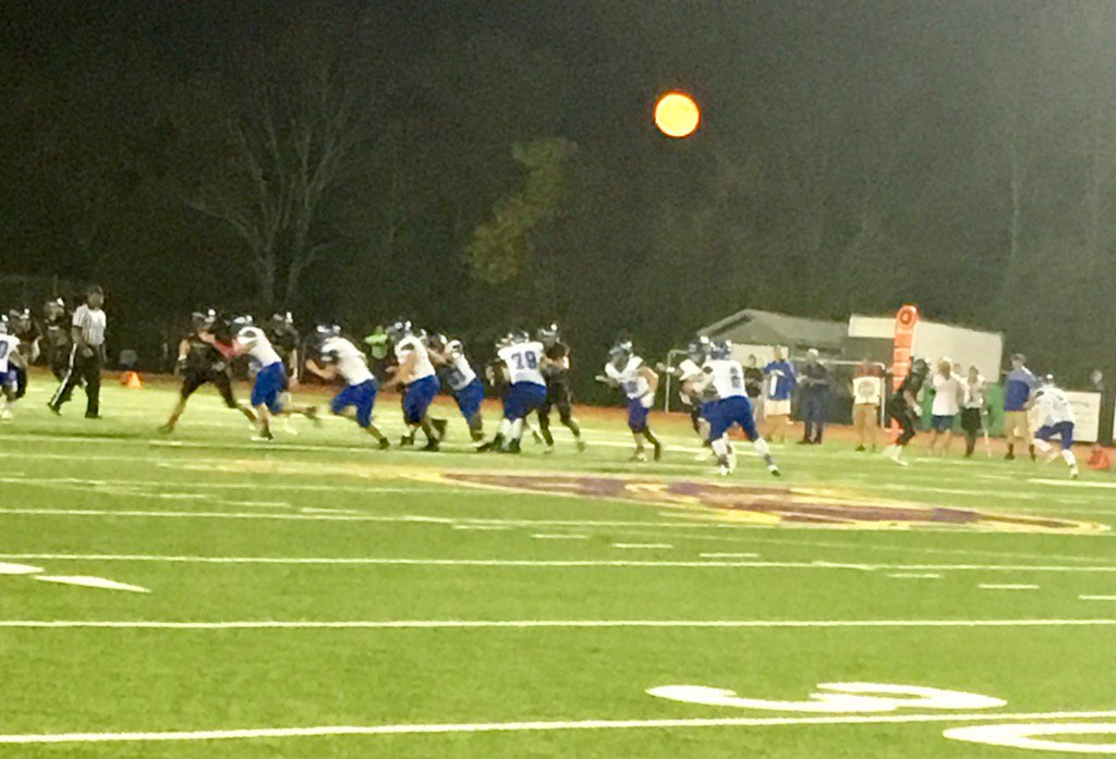 PalisdSUPT's tweet photo. Harvest moon over Palisades v. Palmerton game. Score with 6 minutes left in the 2nd quarter Palisades 42 Palmerton 0 https://t.co/yydjyU8kUK