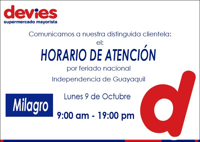 DeviesSM's tweet photo. Comunicamos a nuestra distinguida clientela
el horario del feriado del día Lunes 9/Octubre
Que tengan un excelente feriado
@DeviesSM https://t.co/ZFm4tUjOwd