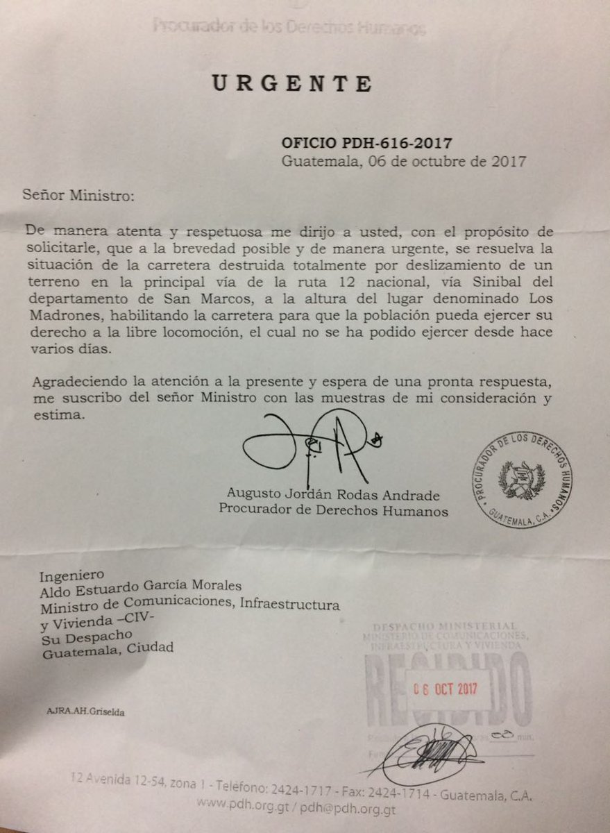 PDHgt's tweet photo. #PDHgt solicita al @CIVGuate resuelva la situación de carretera en San Marcos, para dar cumplimiento a la libre locomoción https://t.co/wfXQ9Hp4hG