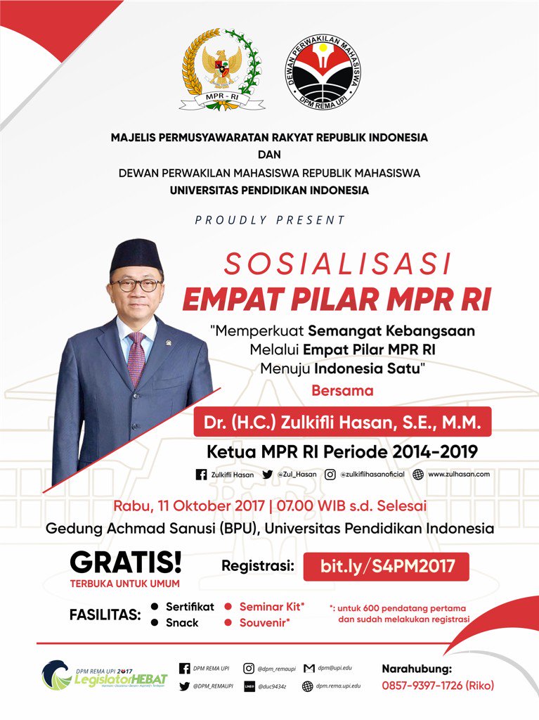 Sosialisasi Empat Pilar MPR RI. Rabu, 11 Okt 2017 @Gd. Achmad Sanusi UPI <a href="/DPM_REMAUPI/">DPM REMA UPI</a> <a href="/MPRRI/">MPR RI</a> <a href="/ZUL_Hasan/">ZULkifli Hasan</a>
