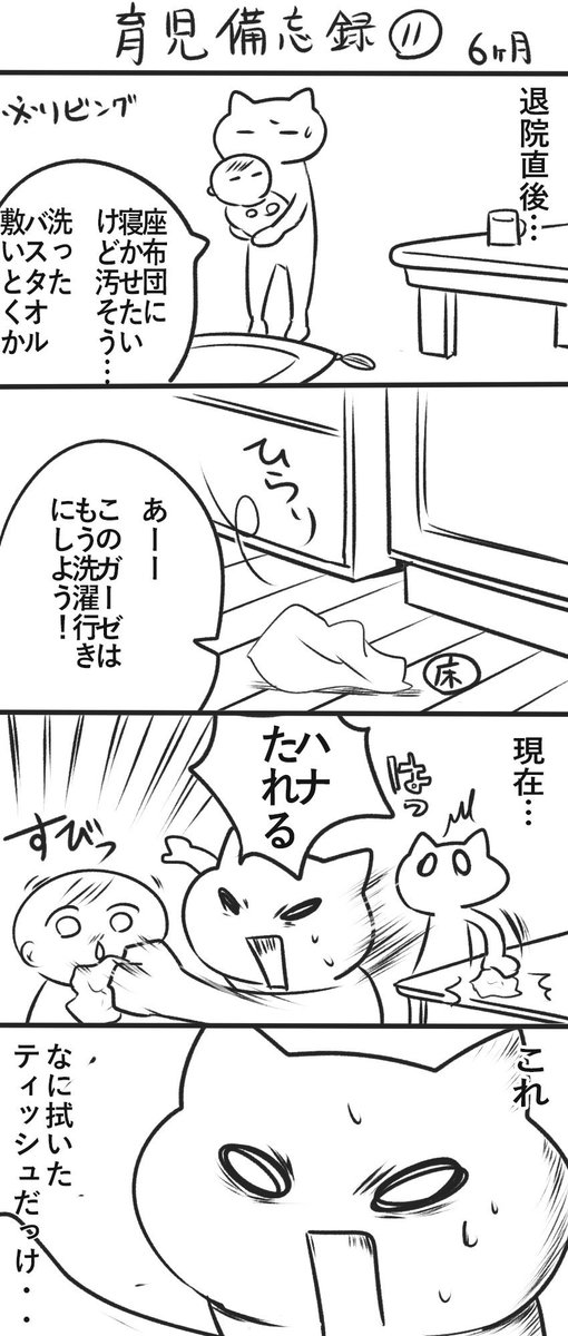 新生児の頃はちょっとした汚れも触れさせたくなかったけどだんだん雑になってゆく
#育児漫画 