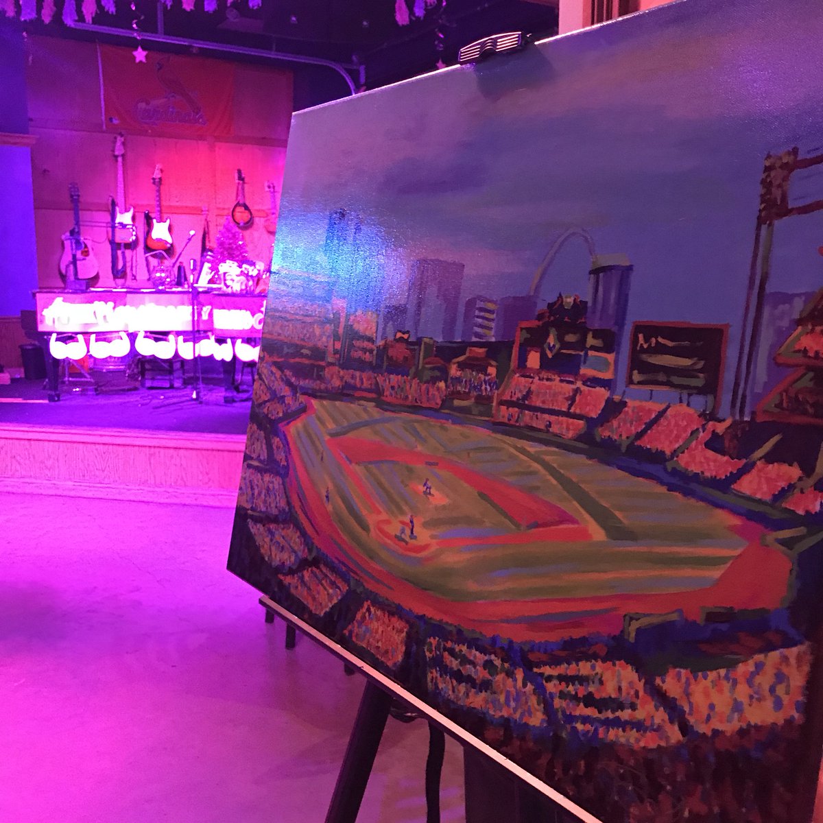 stevenwalden's tweet photo. Painting this Busch Stadium piece to raffle for the Open Arms Breast Cancer Outreach fund at @_howlatthemoon in @BPVSTL #howlstl #howltv https://t.co/07vSLosEtp