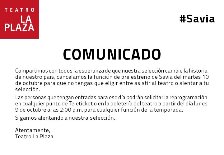 teatrolaplaza's tweet photo. [#Savia] Muchas gracias por la comprensión. Por favor, compartir este mensaje. https://t.co/zXgiVAZbJ3