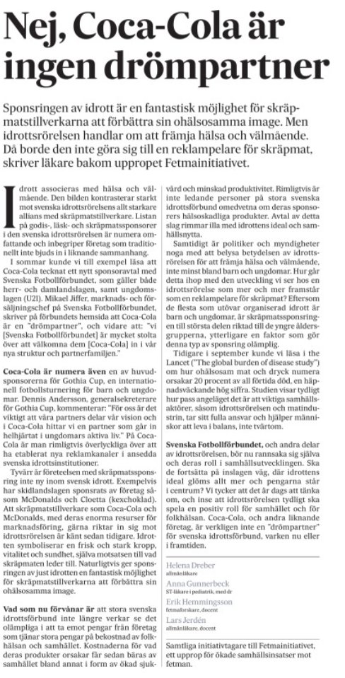 ErikHemmingsson's tweet photo. Publicerar idag nytt inlägg i SvD om hur svenska idrottsförbund blivit en reklampelare för skräpmaten. 

#fetmainitiativet https://t.co/1VjzcemgYk