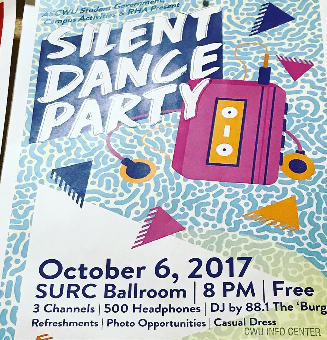 CWU_RHA's tweet photo. Come to the 2nd floor of the SURC for the Silent Dance Party Homecoming Event!!!!!! 🎶Starts at 8pm! @CWUCampus #rha #cwu #cwuhomecoming2017 https://t.co/TDTjFP0S8O