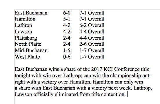 East Buchanan gets a share of the KCI, can take the whole thing next week. 

The probably mostly accurate KCI standings: