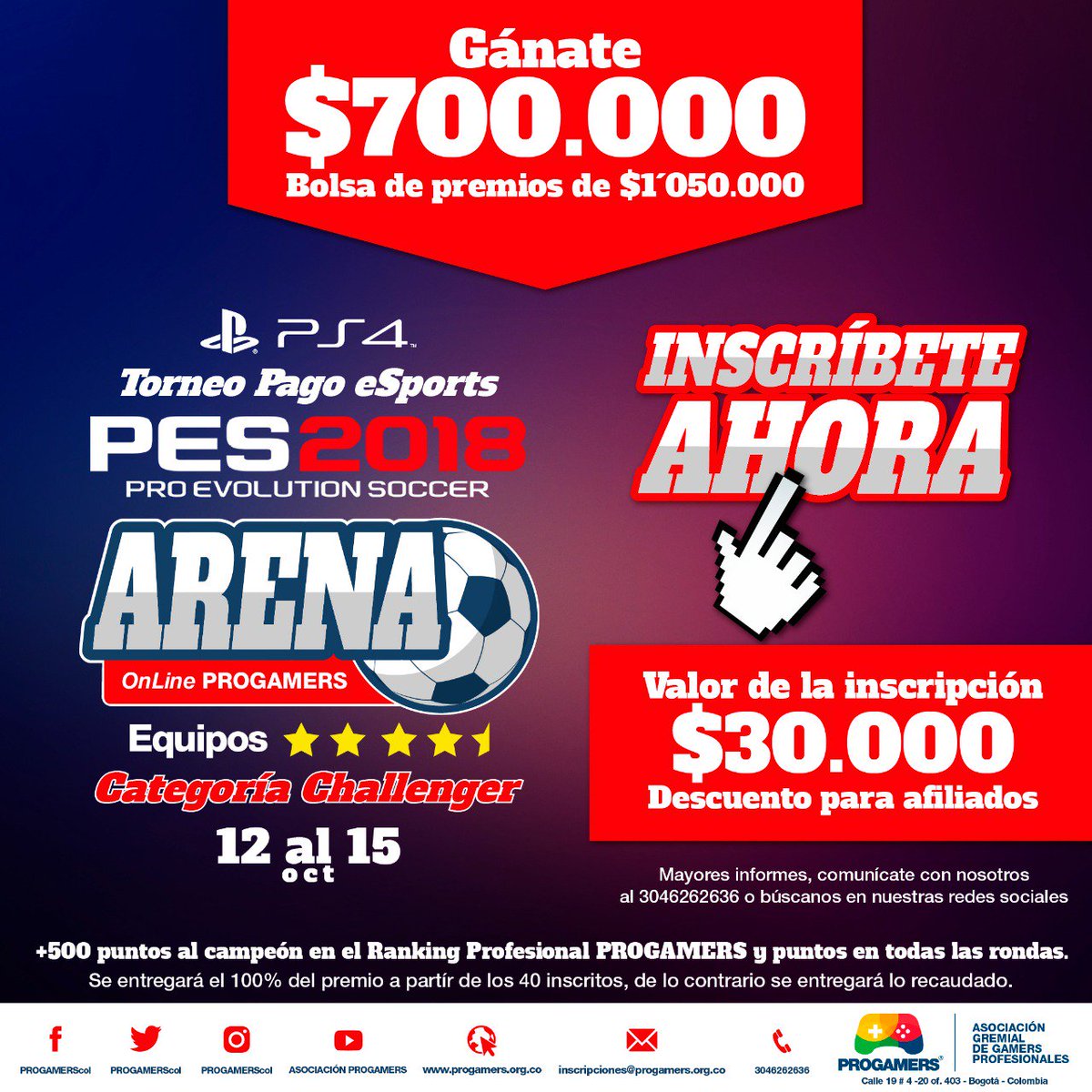 PROGAMERS_COL's tweet image. ¡Inscríbete ahora y gana $700.000 en efectivo! @PROGAMERS_COL #PES2018 ¡DALE CLIC AHORA! goo.gl/zXhd6L