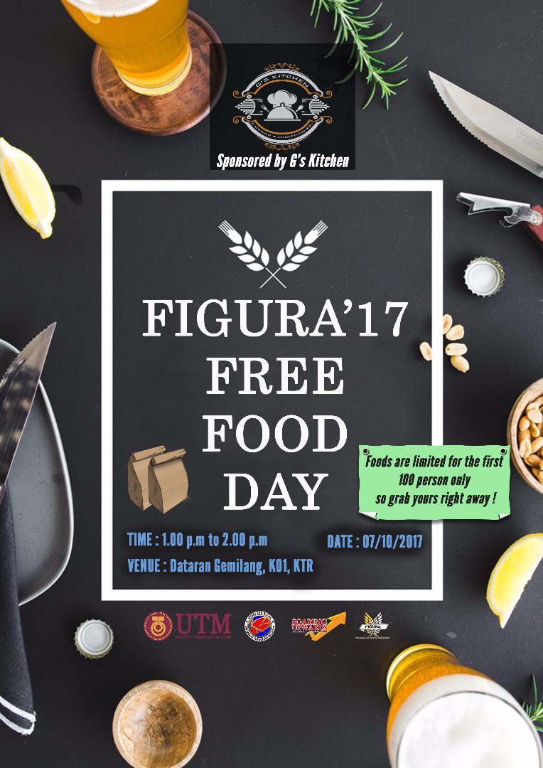 figuraktr17's tweet photo. FIGURA'17 FREE FOOD DAY! 
Come and get free food for today at Dataran Gemilang, K01, Kolej Tun Razak https://t.co/zgDueWbyR4