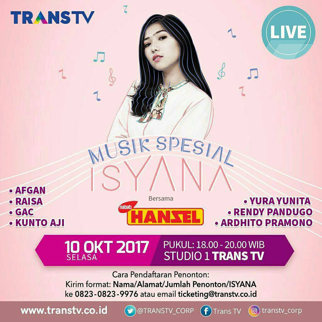 Konser Musik Spesial Isyana 10102017 Live diTransTV. yg mau datang langsung bisa mengisi data di link ini yaa guys
bit.ly/KonserSpesialI… 😎