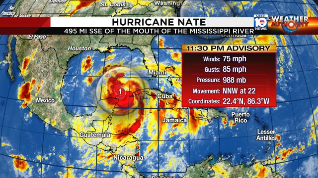 Hurricane Hunters find that Nate is a hurricane with maximum sustained winds of 75 mph. https://t.co/nK11tu2b32