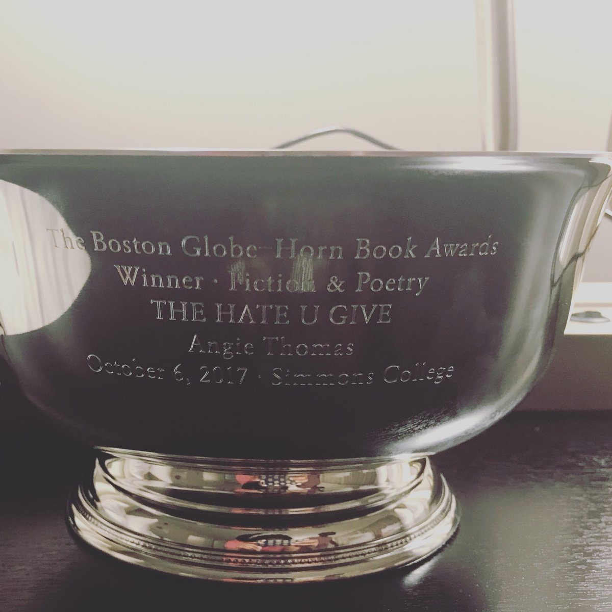 angiecthomas's tweet image. Tonight I was honored to receive the Boston Globe Hornbook Award for fiction. Many thanks to the committee, the Boston Globe, and Hornbook!