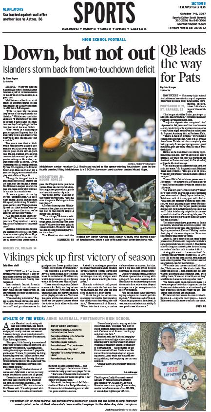 SportsNDN's tweet photo. A peek at Saturday's sports front, featuring football wins for all three island teams and Athlete of the Week Annie Marshall of Portsmouth. https://t.co/QP7mIysijJ