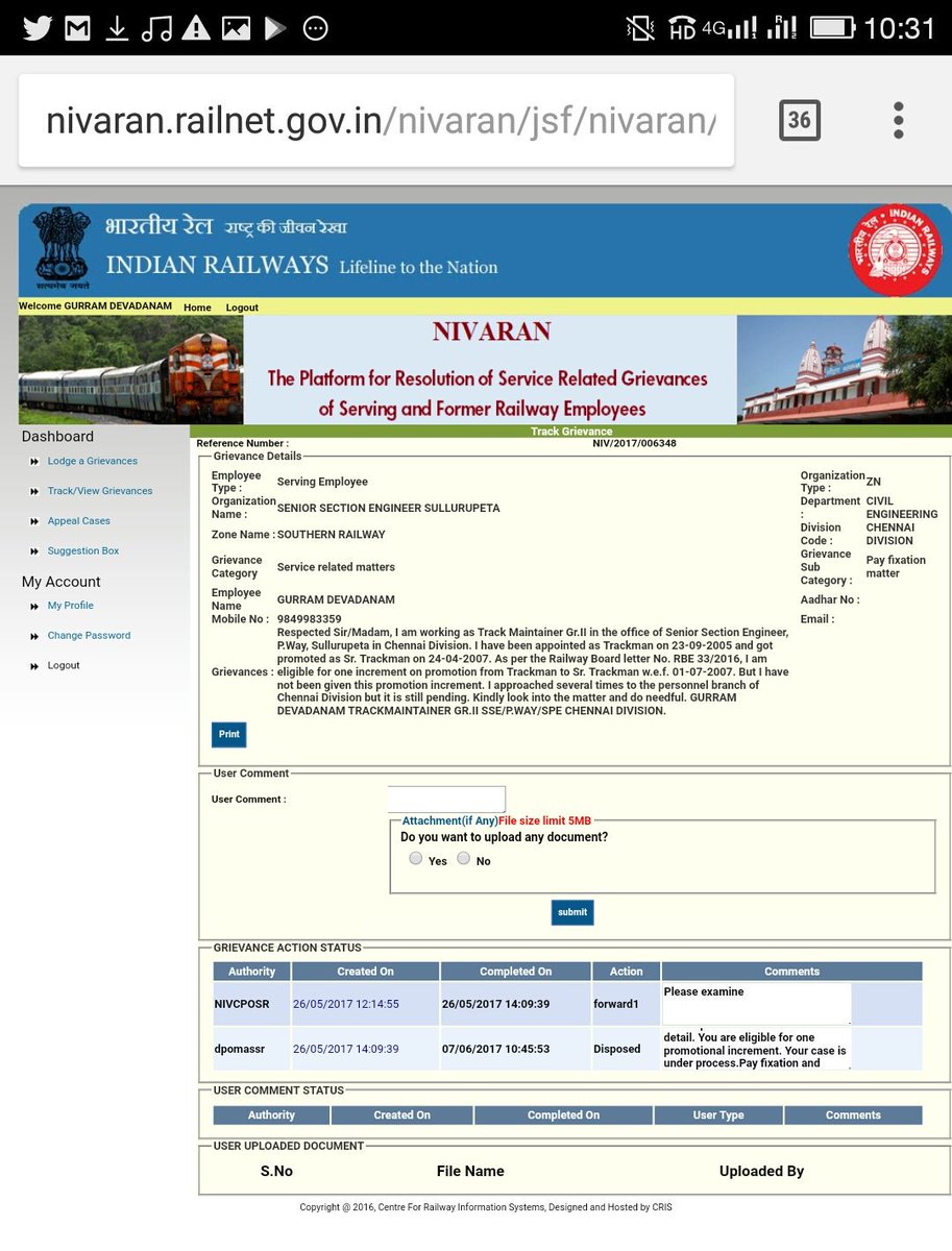 NPSemployees's tweet photo. @AshwaniLohani @RailMinIndia @DrmChennai Sir, Grievance of employees closed on NIVARAN but not solved even after 3 months. NIV/2017/006348 https://t.co/d7HDYUbaq7