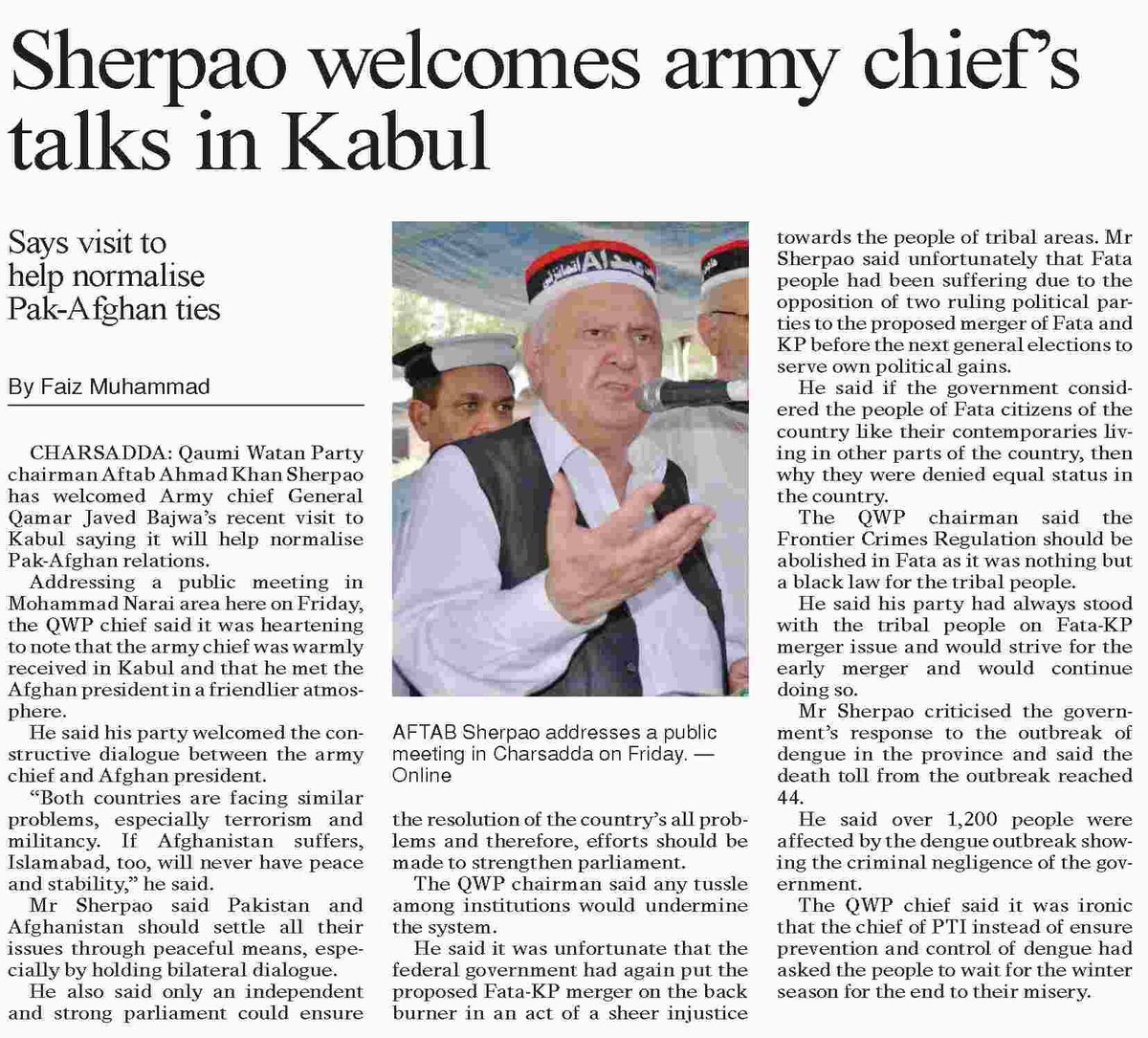 Chairman #QaumiWatanParty #MilliRehbar @aftabasherpao welcomes #ArmyChief talks in #Kabul.
#PakAfghanTies