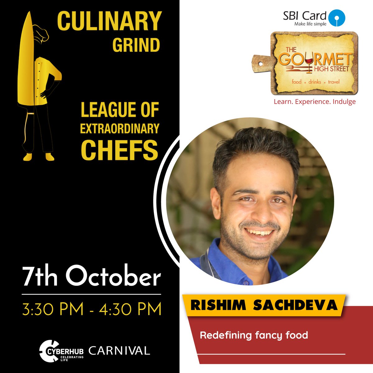 GourmetHighSt's tweet photo. The expert is here to redefine the concept of fancy food. Chef @RishimSachdeva's session coming up next at #SbiCardTheGourmetHighStreet. https://t.co/BAnFyxXAyL