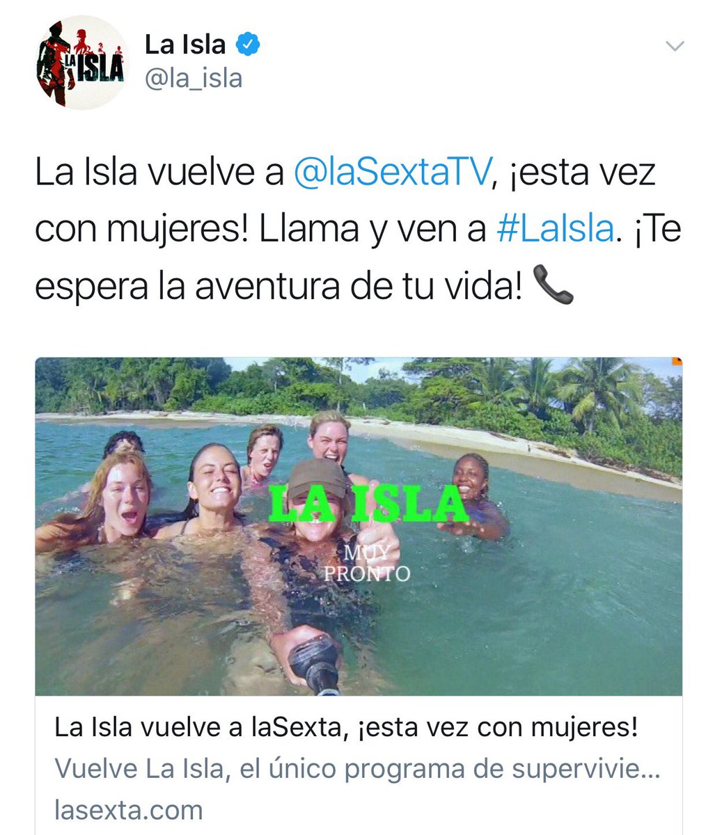 EstherGonzalz's tweet photo. VUELVE LA ISLA!!! Y ES EL TURNO DE LAS MUJERES! Llama ahora al 905 445 022 y demuestra que las mujeres también aceptamos el reto de La Isla! https://t.co/06CLa71ito