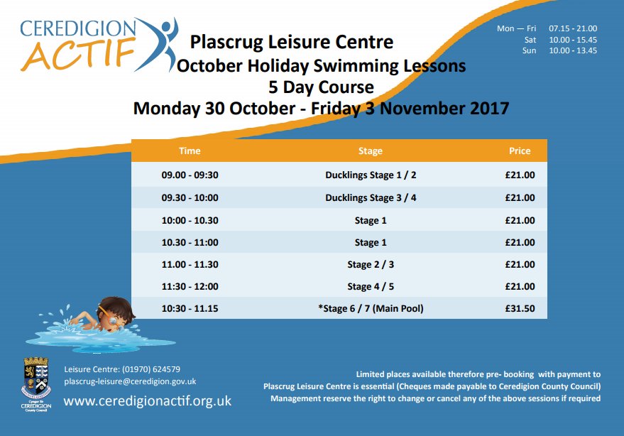 Take the plunge this half-term and sign-up for Swimming sessions at Plascrug - #Aberystwyth
<a href="/CeredigionActif/">Ceredigion Actif</a> #EveryChildASwimmer