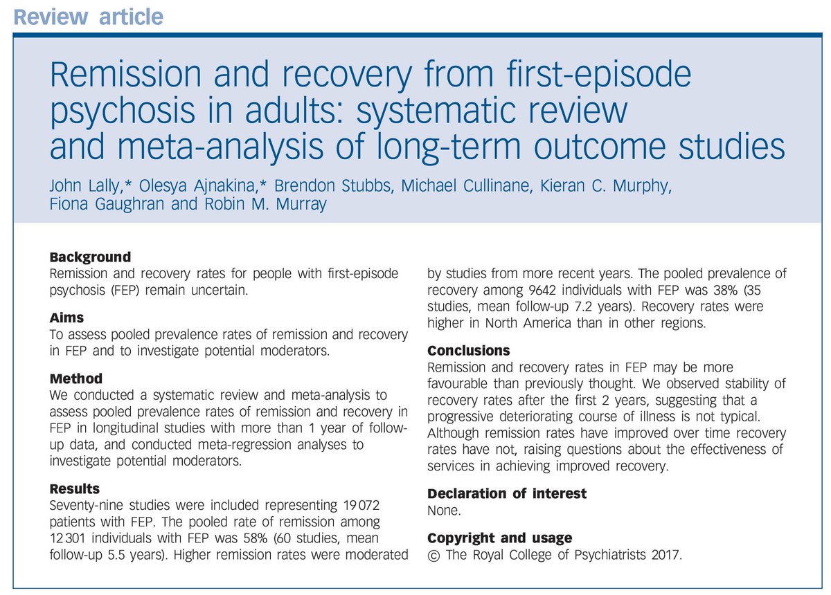 TheBJPsych's tweet image. New systematic review of long-term remission and recovery from first-episode psychosis bit.ly/2fTlcK7 @KingsIoPPN  @rcpsych