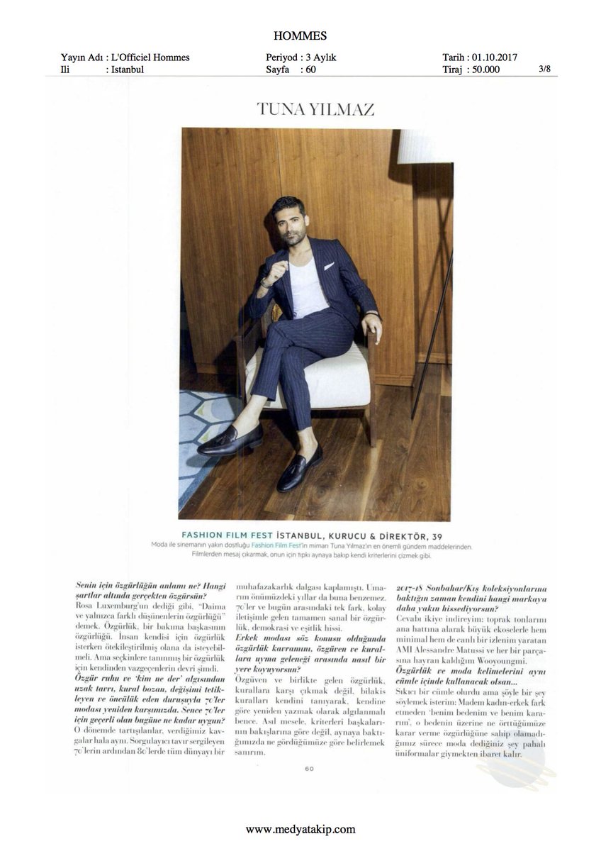 fashionfilm_tr's tweet photo. Our founder &amp; director Mr. @tunayilmaz featured on the fashion pages of L'Officiel Hommes @lofficieltr https://t.co/a5ALmt0mxL