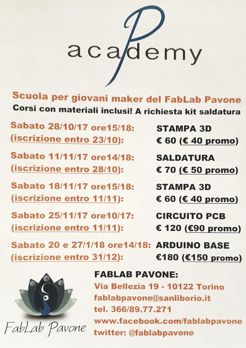 FabLabPavone's tweet photo. Torna la #P-Academy per #maker del #FabLab Pavone #Torino. Iscrizioni aperte! #stampa3d #3d #Arduino #pcb #saldatura https://t.co/BcPVZDx0pH